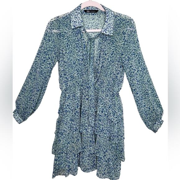 Zara Light Green Ruffled Flounces Pile Collar Floral Mini Dress Size XS - Picture 3 of 14